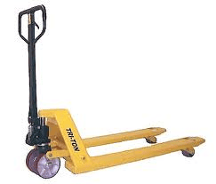 Yellow pallet jack with a handle, used for moving materials.