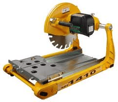 Yellow tile saw with a circular blade and cutting platform.