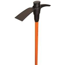 Pickaxe with orange handle, black head; used for breaking up earth or stone.