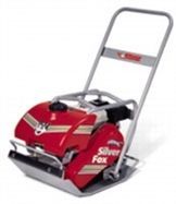 Red and silver Silver Fox plate compactor with a handle, used for compacting soil.