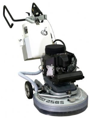 A large, gray concrete floor grinder with a white dust collector, gasoline engine, and black handles.