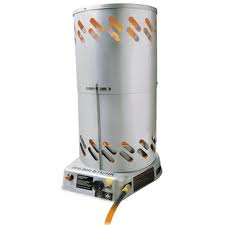 A cylindrical, silver propane heater with angled vents, control panel, and yellow gas hose.