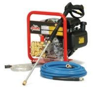 Gas-powered pressure washer with red frame, blue hose, and spray wand on a white background.