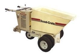Cream-colored Scoot-Crete concrete buggy with a large hopper and dual rear wheels on a white background.
