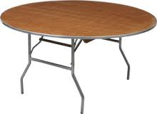 Round, brown folding table with metal legs, likely for events.