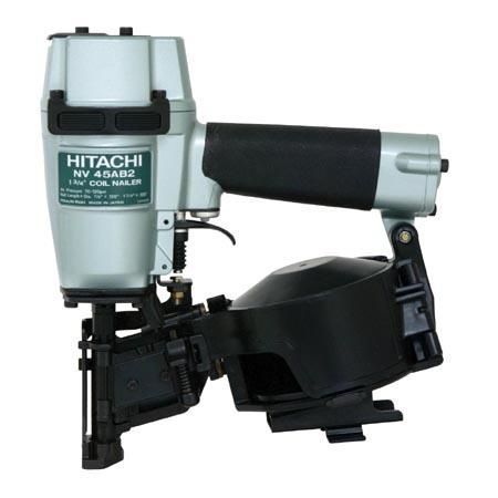 Hitachi NV45AB2 pneumatic coil roofing nailer. Silver and black.