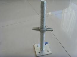 Metal adjustable scaffolding base jack with a threaded rod and a square base.