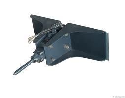 Black hydraulic hammer attachment for an excavator.