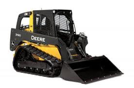 Yellow and black John Deere skid steer loader with bucket.