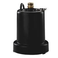 Black sump pump with brass fitting on top.