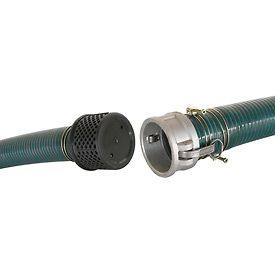 Green hose with a strainer and a camlock fitting, ready for connection.