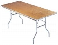 Rectangular wooden folding table with silver legs.