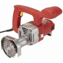 Red and silver handheld electric saw with a circular blade.