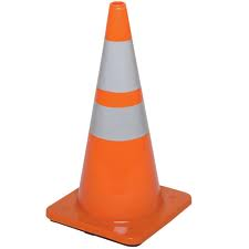 Orange traffic cone with reflective stripes, standing on a square base.