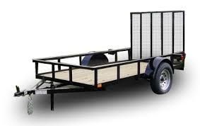 Black utility trailer with wooden floor, metal railing, and mesh back.