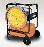 Orange propane space heater on wheels with a black frame.
