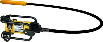 A yellow concrete vibrator with a black hose and handle.