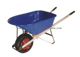 Blue wheelbarrow with black wheel, red rim, and white handles.