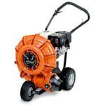Orange and black wheeled leaf blower with a handle.