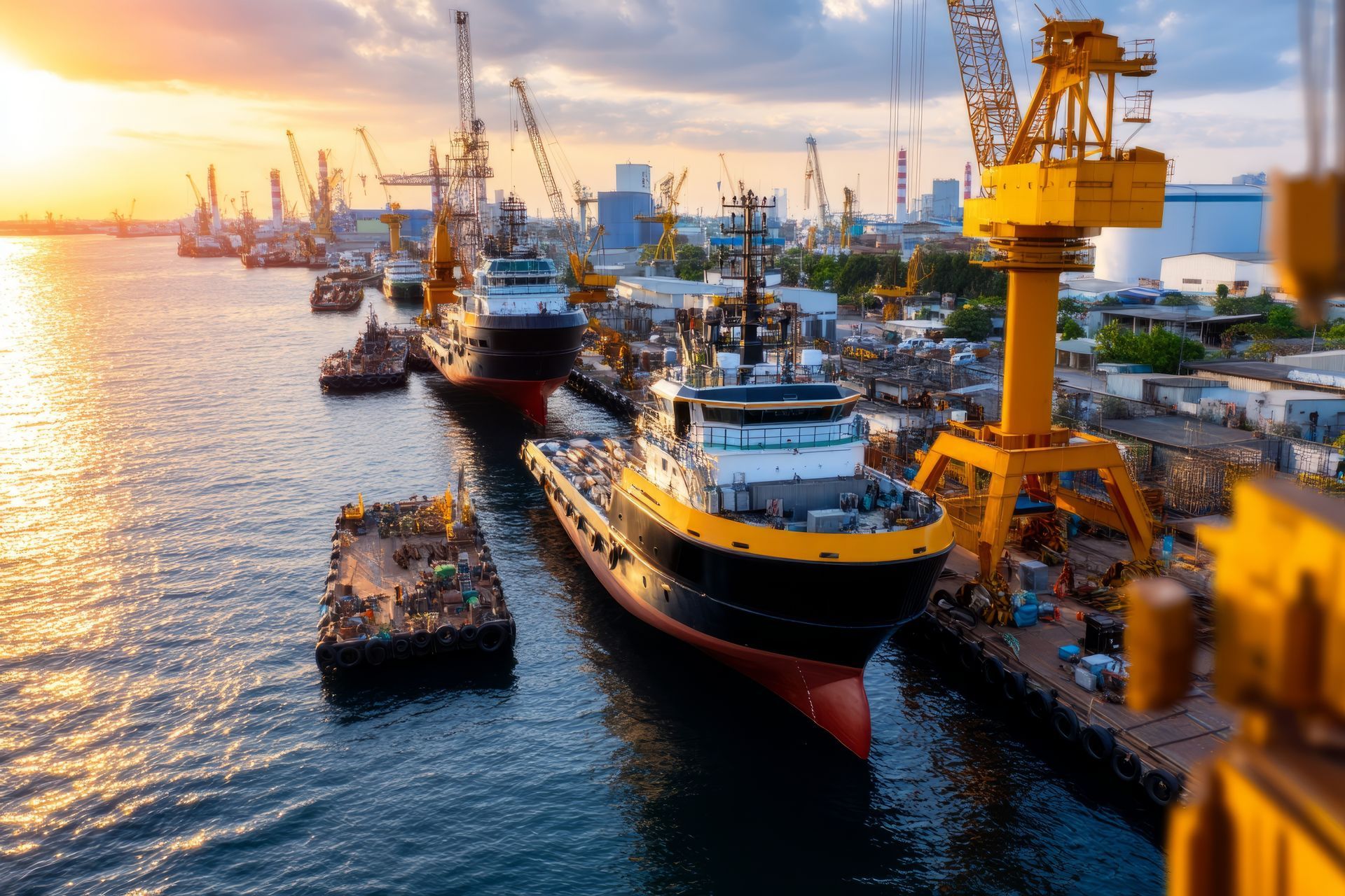 Boat storage facility near busy harbor with docked ships cranes and sunset waterfront view area.
