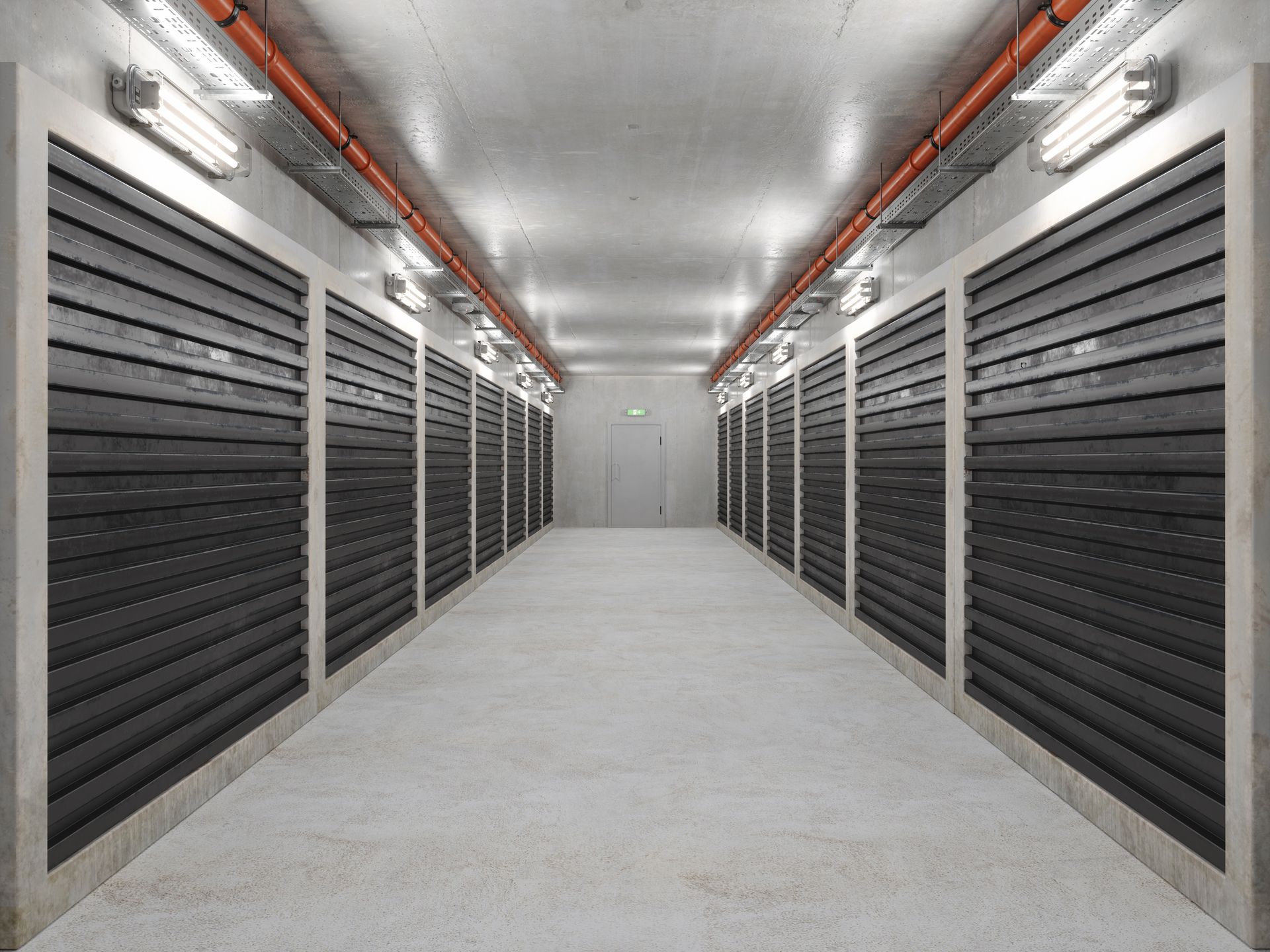 Empty corridor with self-storage units.