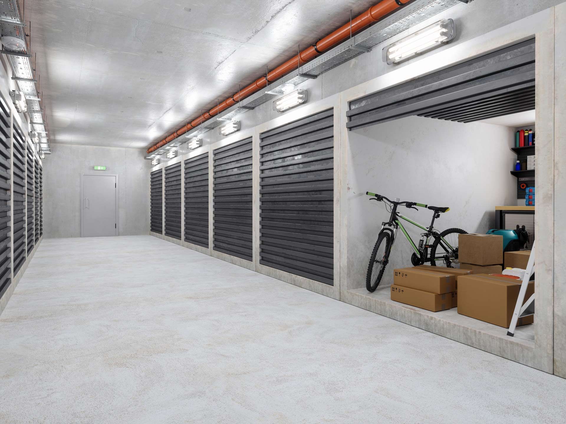 Self-storage warehouse with empty corridor and rows of secure storage units. Self-storage warehouse with empty corridor and rows of secure storage units.