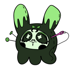 A cartoon drawing of a bunny with a needle in its mouth.