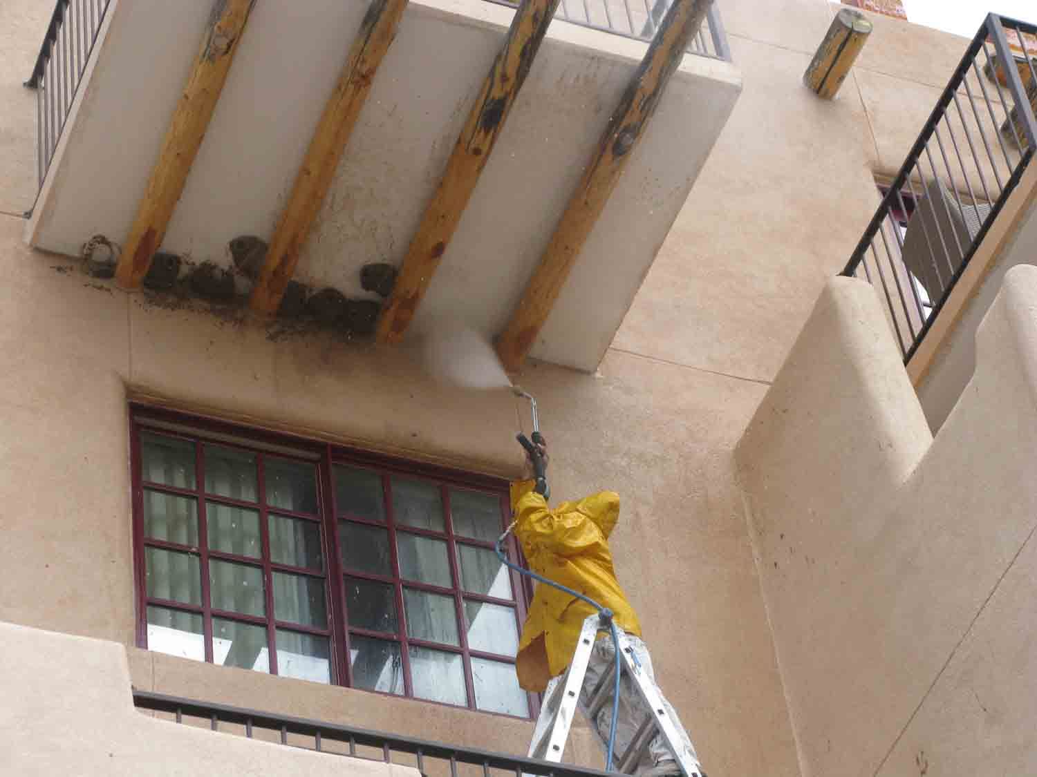 A ladder is hanging from the side of a building next to a window