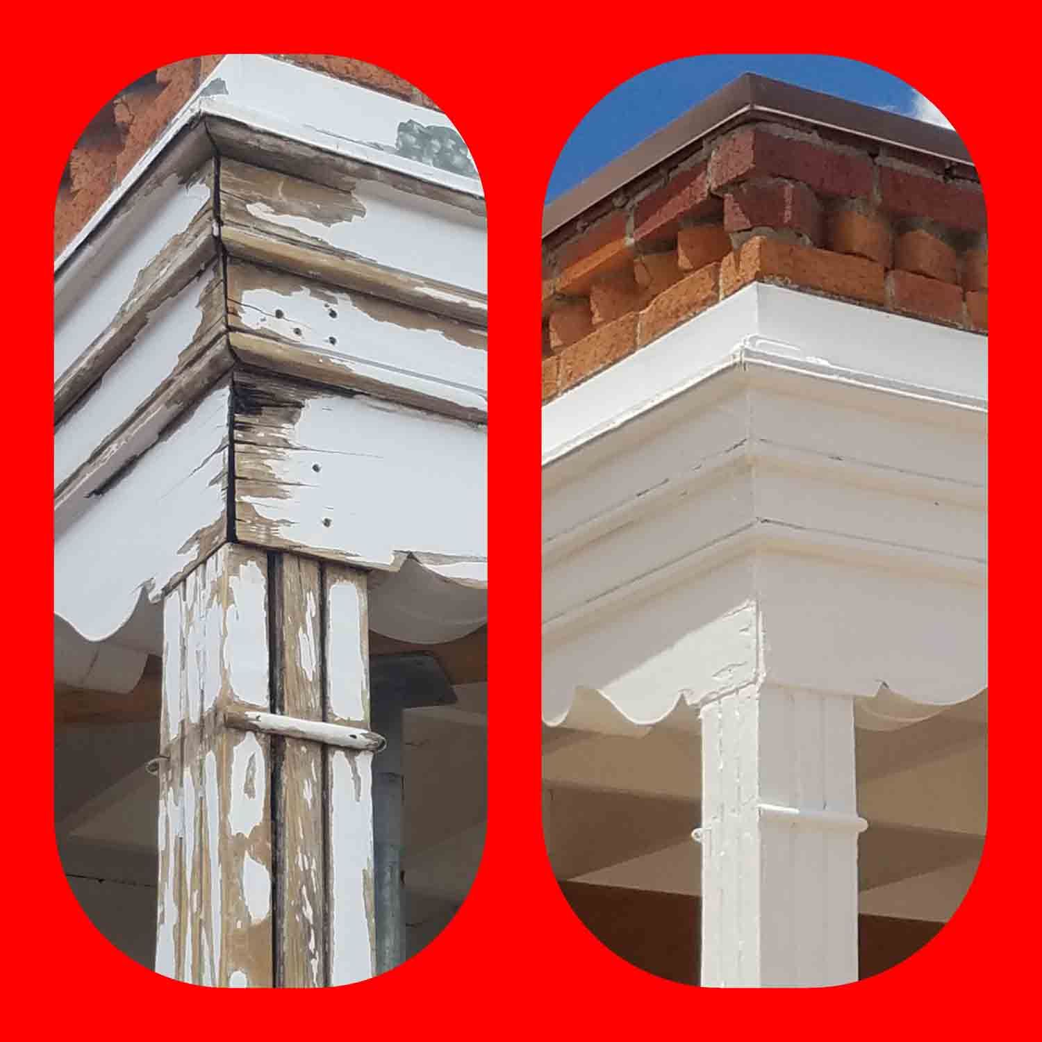 A before and after picture of a porch with a red background