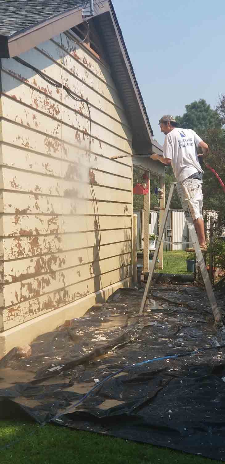 A man is standing on a ladder washing the side of a house.