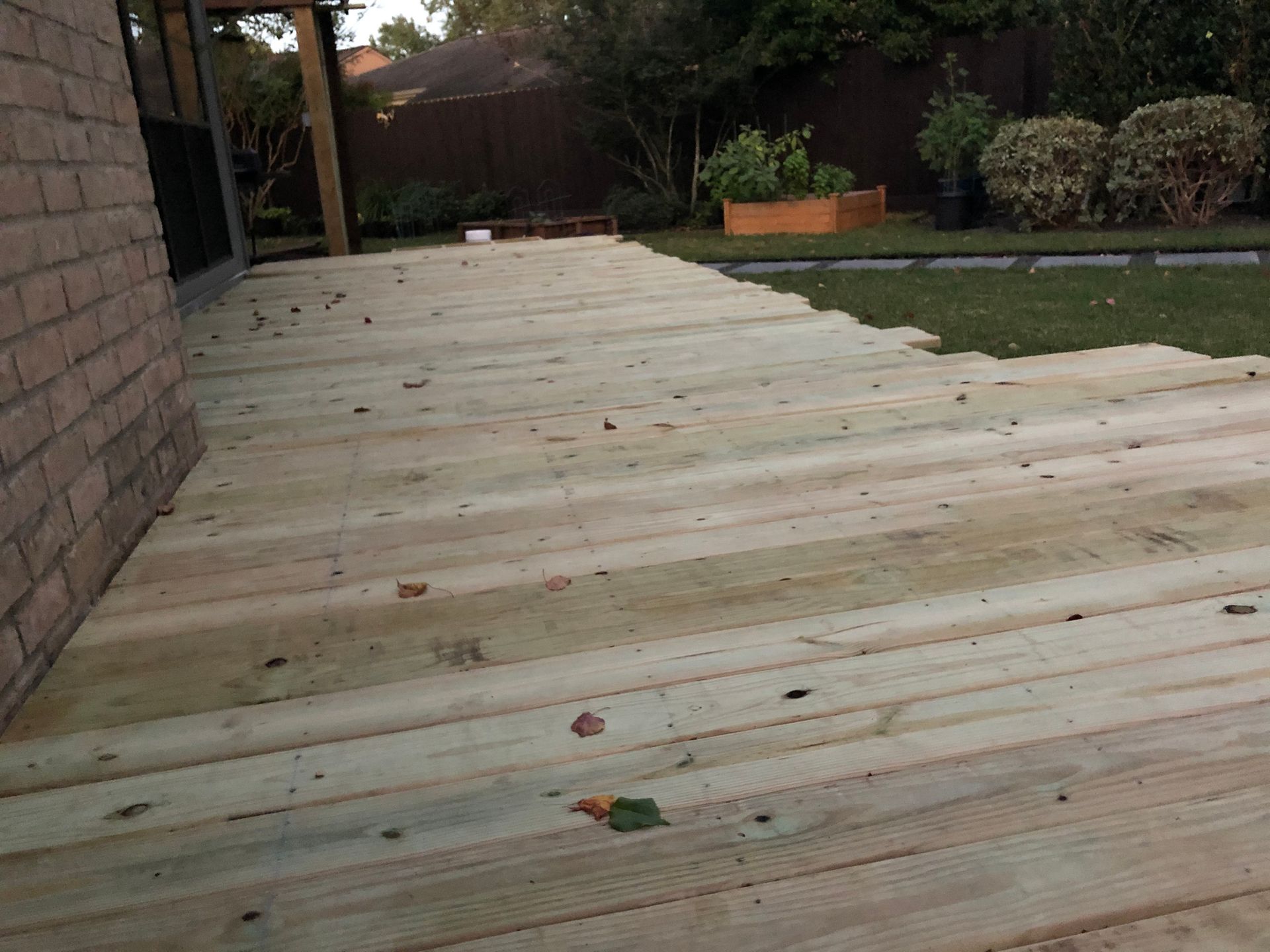 Construction of a wood deck. Construction of a wood deck.