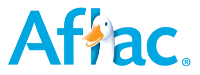 Aflac logo with a blue text and a white duck with an orange beak.