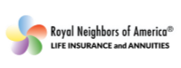 Logo for Royal Neighbors of America: a flower-like design with colorful petals next to text.