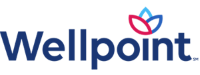 Wellpoint logo: Blue text with a stylized flower icon of red, blue, and teal petals.
