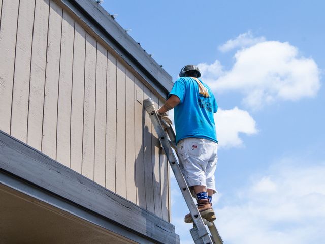 A man is standing on a ladder painting a building