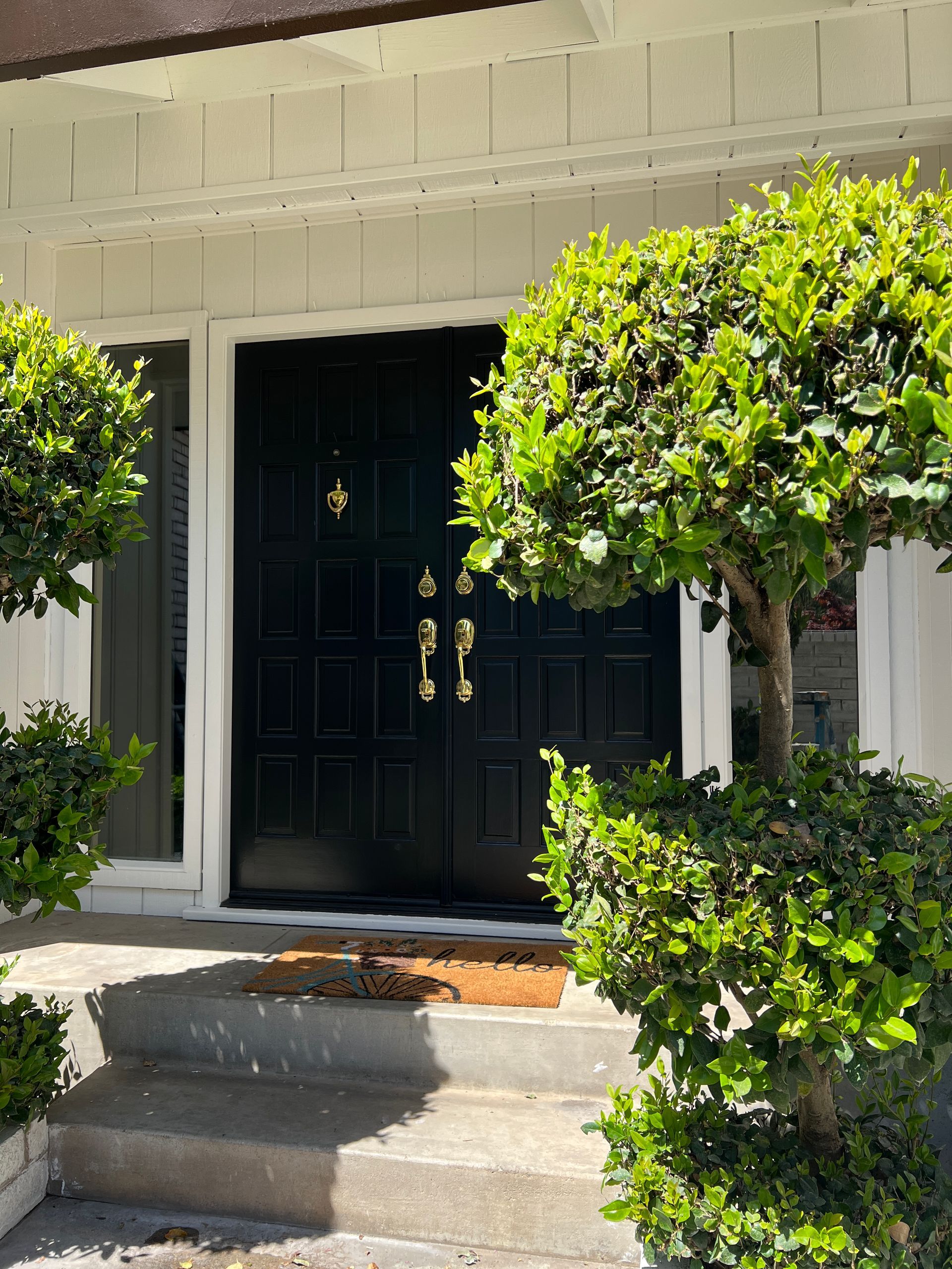 The front door of a house with a black door