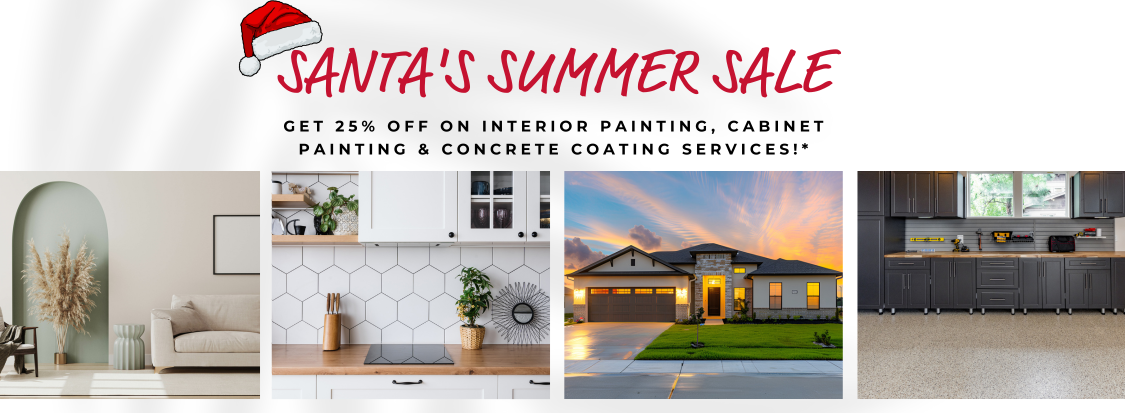 Summer sales image of cabinets, interior, exterior and garage storage with concrete coatings