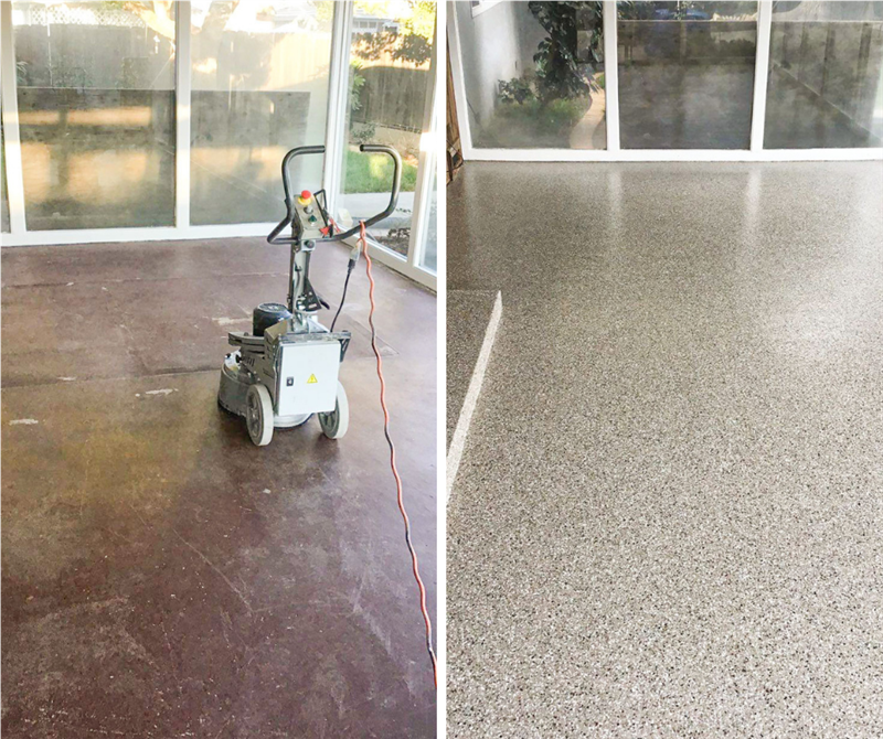 A before and after picture of a concrete floor with a grinder.