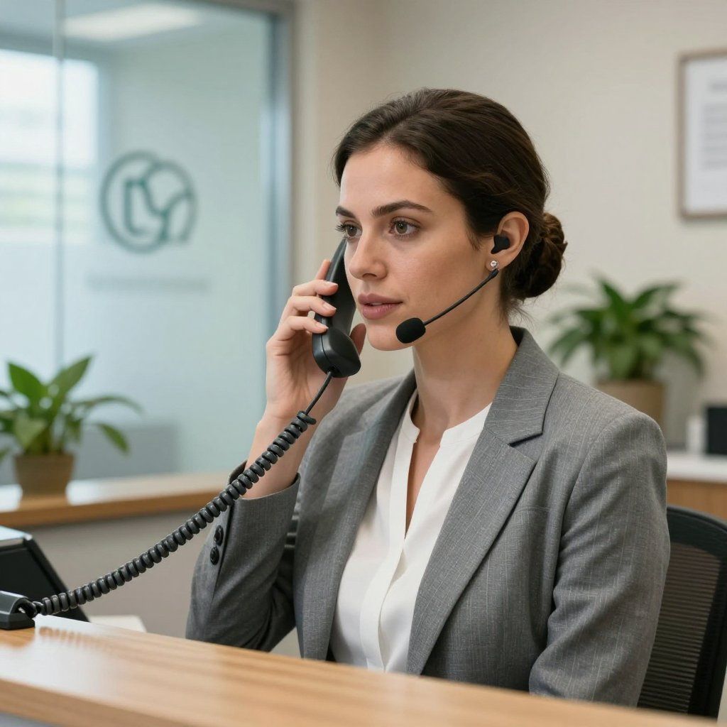 Woman at a desk wearing a headset and holding a phone, talking. Office setting with plants.