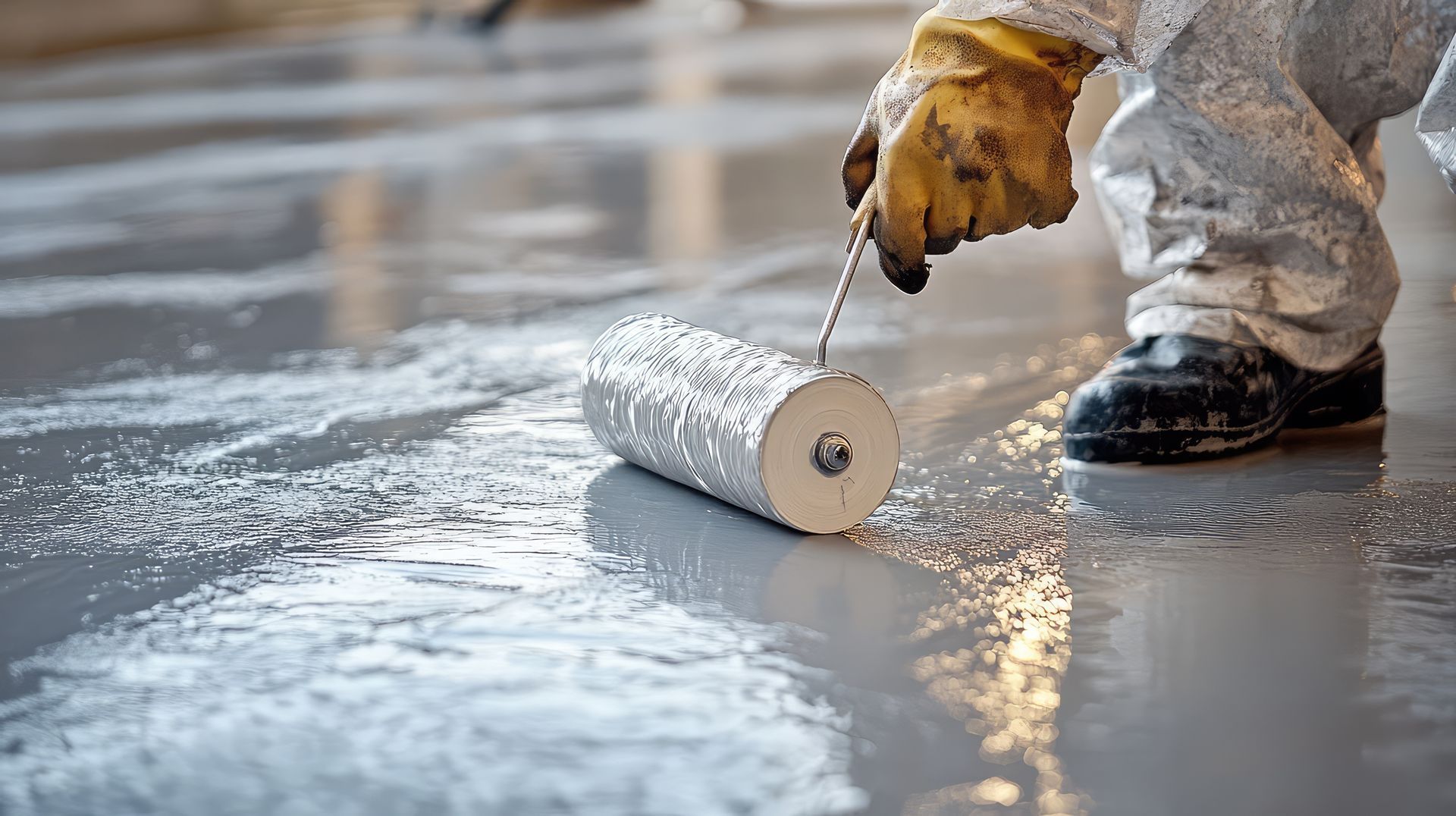 Person in protective suit applying coating to a floor with a roller.