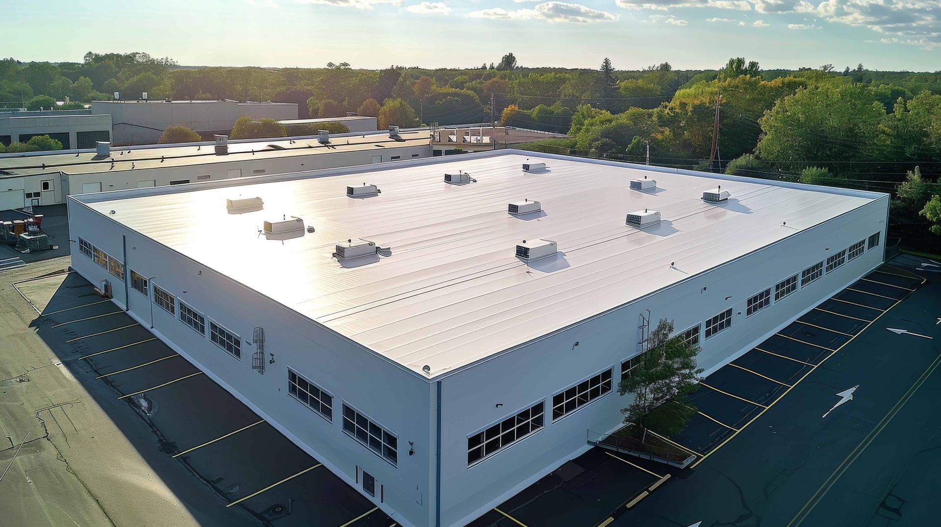 Aerial view of a large, white industrial building with a flat roof. Parking lot in front, trees in the background.