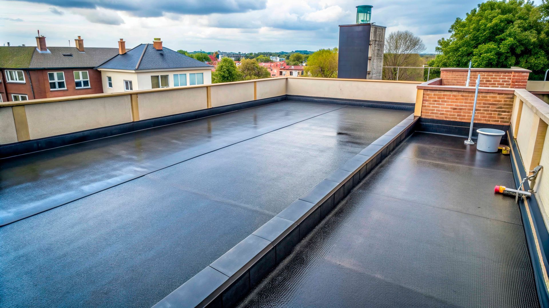 Flat, black roof with surrounding wall, viewed from a high angle. Buildings and trees in background.