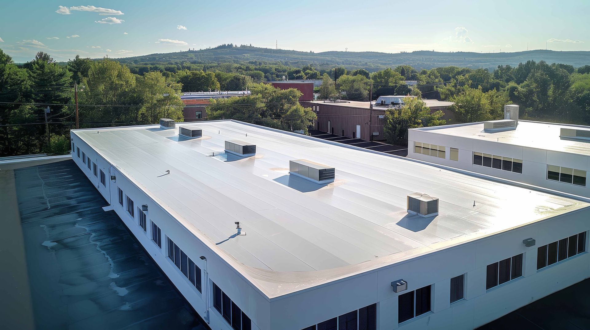 White commercial building with flat roof and HVAC units; background includes trees and a distant mountain.