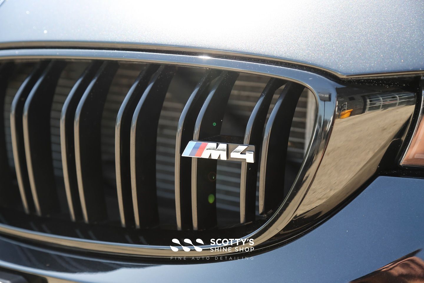 2015 BMW M4 Overspray Removal, Paint Correction, Modesta BC-04 Coating front emblem close up London, Ontario