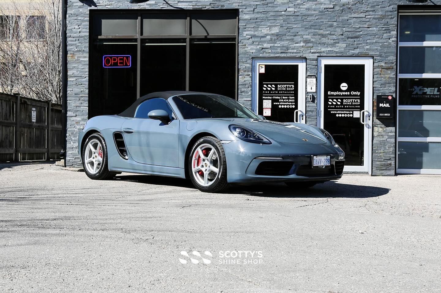 2018 Porsche Boxster at the shop for extensive Xpel paint protection film coverage, a light paint co