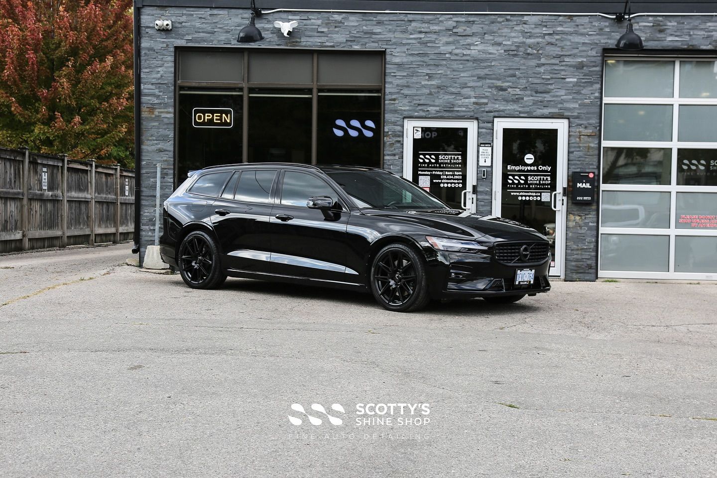 2019 VOLVO V60 T6 R-DESIGN in front of Scotty's Shine Shop Detailing and Paint Protection Film.