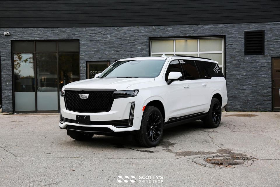 2021 Cadillac Escalade at the shop for Xpel Prime XR Plus ceramic window film.