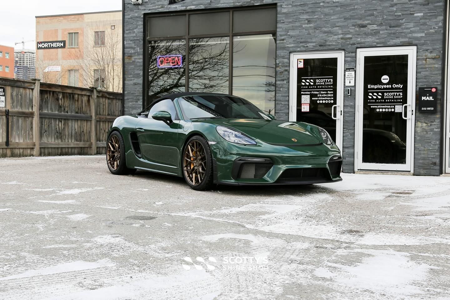 2021 Porsche 718 Spyder Xpel Ultimate Plus 10 mil PPF, Xpel Prime XR Plus Window Tint, Xpel Fusion Premium Ceramic Coating, Xpel Fusion Wheel/Caliper and Glass All Coated front end view London, Ontario CAN