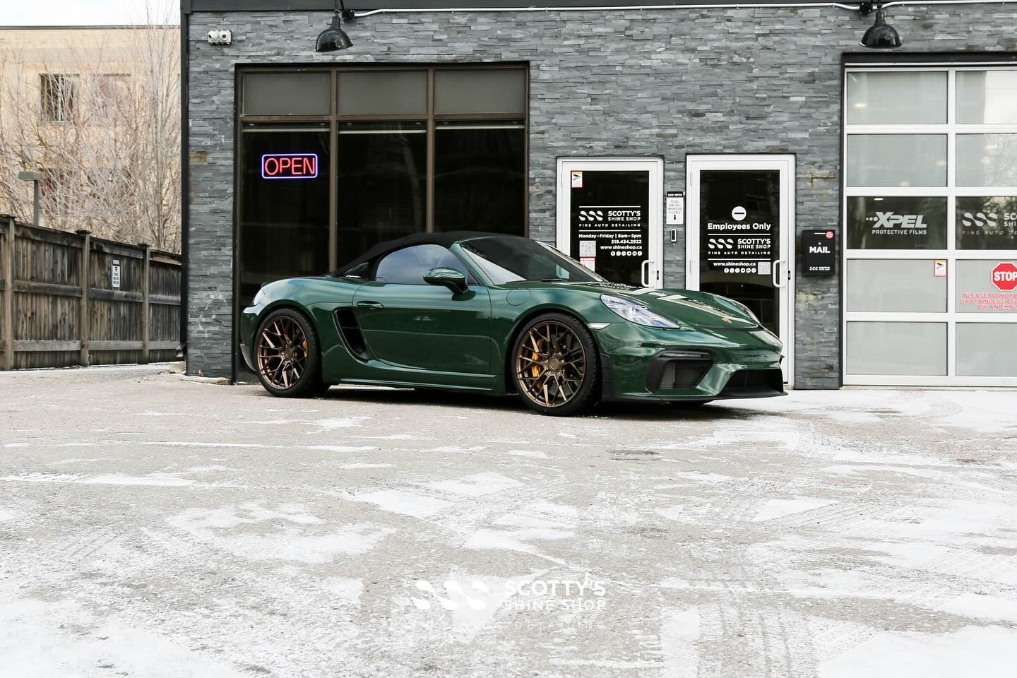 2021 Porsche 718 Spyder Xpel Ultimate Plus 10 mil PPF, Xpel Prime XR Plus Window Tint, Xpel Fusion Premium Ceramic Coating, Xpel Fusion Wheel/Caliper and Glass All Coated British racing green convertible London, Ontario