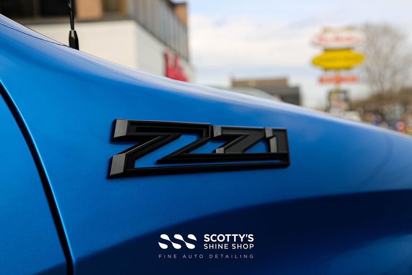 2022 Chevrolet 2022 Chevrolet Silverado Z71 Light Paint Correction, Modesta BC-X Ceramic Paint Coating, Xpel Prime XR Ceramic Window Tint and Gloss Black Badges Replacement close up London, Ont